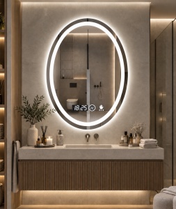 Oglinda baie LED ovala cu iluminare integrata, afisaj digital si senzor de miscare