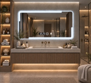 Oglinda moderna pentru baie cu LED, functii smart si senzor de miscare
