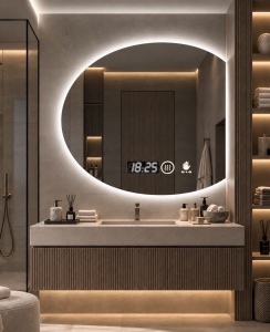 Oglinda baie LED rotunda cu afisaj digital si senzor de miscare, design modern