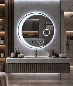 Oglinda LED rotunda pentru baie cu ceas digital, inel luminos pentru cosmetica si senzor de miscare
