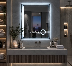 Oglinda moderna pentru baie cu LED, functii smart, inel luminos pentru cosmetica si senzor de miscare