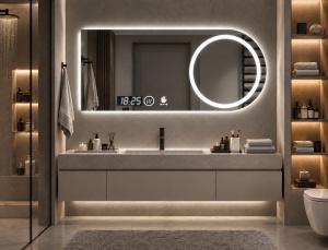 Oglinda moderna pentru baie cu LED, functii smart, inel luminos pentru cosmetica si senzor de miscare