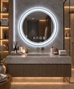 Oglinda baie LED rotunda cu afisaj digital si buton touch, design modern