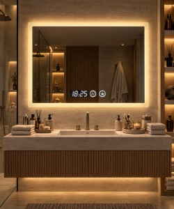 Oglinda LED Touch DECORIALE cu Dezaburire , Ceas si Termometru 80x60cm - "Mirevo"