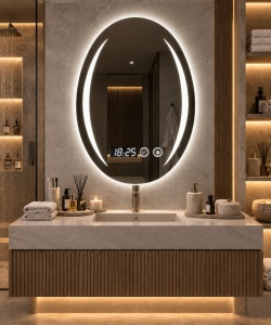 Oglinda baie LED ovala verticala cu afisaj digital si buton touch, design modern