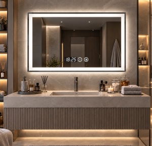 Oglinda baie dreptunghiulara cu LED, display digital si functie touch