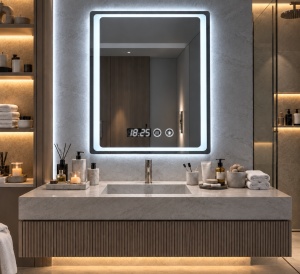 Oglinda baie dreptunghiulara cu LED, display digital si functie touch