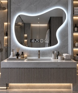 Oglinda baie LED cu forma organica, afisaj digital si buton touch, design modern
