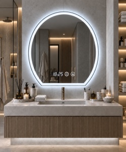 Oglinda baie LED ovala cu baza dreapta, afisaj digital si buton touch, design modern