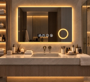 Oglinda LED Touch DECORIALE cu Inel pentru Cosmetica, Dezaburire , Ceas si Termometru 80x60cm - "Mersen"