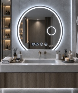 Oglinda baie LED ovala cu baza dreapta, afisaj digital si buton touch, inel luminos pentru cosmetica design modern