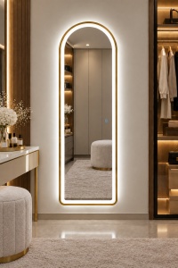 Oglinda LED verticala cu rama aurie si buton touch, design modern pentru dressing