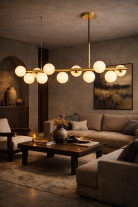 Lustră modernă aurie cu globuri opal, iluminat suspendat decorativ pentru living sau dining în stil contemporan elegant