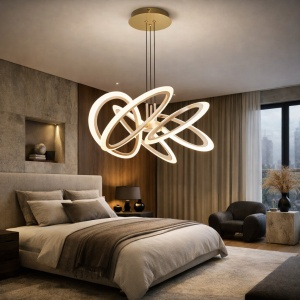 Lustră modernă LED albă cu design sculptural ondulat, iluminat suspendat decorativ pentru living, dining sau interioare contemporane