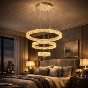 Lustră LED elegantă cu trei inele suspendate, cristale decorative și finisaj cromat, design modern pentru iluminat ambiental