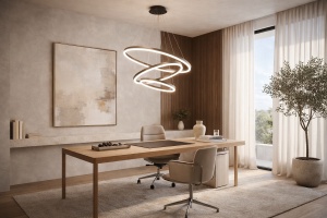 Lustră LED suspendată modernă, cu trei inele luminoase concentrice în design geometric