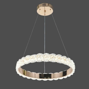 Lustră suspendată modernă tip inel cu finisaj auriu și elemente decorative, iluminat elegant pentru living