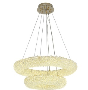 Candelabru LED modern cu două inele luminoase din cristale, suspendat pe cabluri ajustabile și finisaj elegant metalic