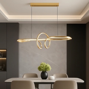 Lustră modernă LED aurie pentru dining, design ondulat contemporan, iluminat suspendat elegant pentru sufragerie sau bucătărie
