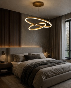 Lustră LED modernă suspendată aurie cu cercuri interconectate, iluminat decorativ cald pentru living elegant și interioare contemporane