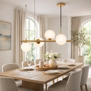 Lustră modernă aurie cu globuri din sticlă opal, design minimalist pentru iluminat decorativ în living sau dining