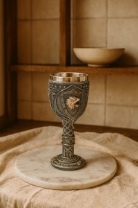 pocal decorativ gri cu model medieval, scut și cap de lup în relief