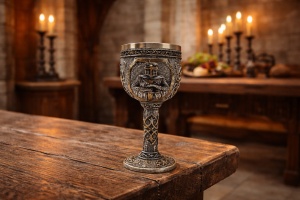 Potir decorativ medieval din metal cu model cavaler, pahar ornamental stil gotic