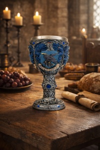Pocal medieval cu dragon reliefat si insertii albastre