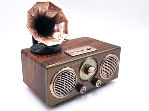 Radio retro NNS NS-802BT cu design vintage și difuzor tip gramofon, radio FM analogic cu finisaj metalic