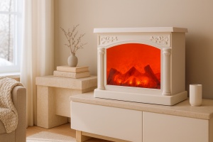 Șemineu decorativ electric cu efect de flăcări, rama albă cu coloane, decor elegant pentru interior