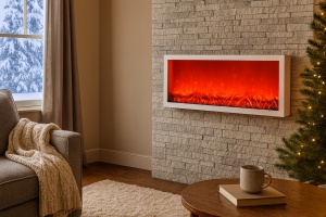 Șemineu electric panoramic cu ramă alba și efect de flacără roșie, ideal pentru living modern sau sufragerie