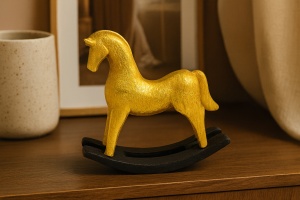 statuetă decorativă cal auriu, stilizată, pe suport tip balansoar, simbol al puterii și prosperității
