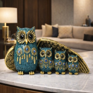 Set statuete bufnițe decorative cu pui, simbol al înțelepciunii și protecției familiei