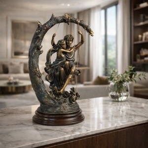 Figurină decorativă romantică cu doi îndrăgostiți pe leagăn
