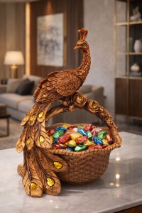 Statueta paun decorativ cu bol pentru fructe sau dulciuri