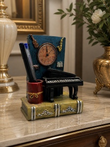 Suport decorativ pentru pixuri cu pian si ceas, accesoriu elegant pentru birou