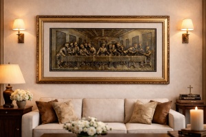 Tablou Cina cea de Taină în relief auriu cu ramă decorativă, decor religios pentru perete
