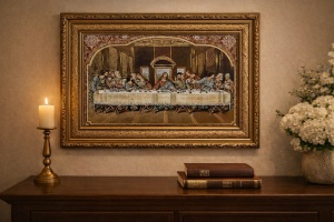Tablou decorativ religios Cina cea de Taină, scenă clasică cu Iisus și apostolii, în ramă ornamentală