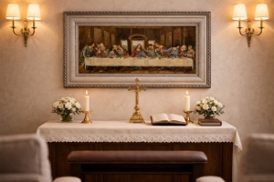 Tablou decorativ religios Cina cea de Taină, scenă clasică cu Iisus și apostolii, în ramă ornamentală
