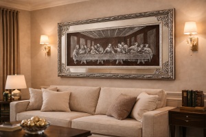 tablou cu scena Cina cea de Taină, relief argintiu, încadrat într-o ramă decorativă cu margini oglindă și accente baroce