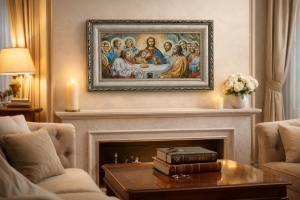 Tablou decorativ religios Cina cea de Taină, scenă clasică cu Iisus și apostolii, în ramă ornamentală