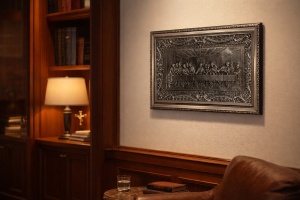 tablou religios cu scena Cina cea de Taină, relief argintiu, cu detalii finisate și ramă decorativă elegant