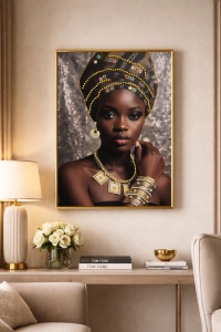 Tablou decorativ cu portret de femeie africana, bijuterii aurii si turban elegant