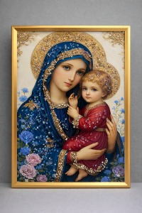 Tablou Maica Domnului cu Pruncul Iisus Hristos cu Pietricele 40x30cm - Gold