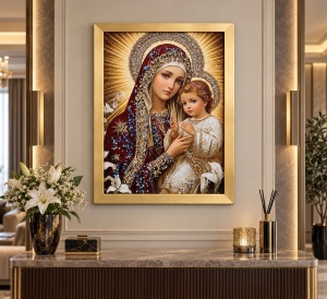 Tablou Maica Domnului cu Pruncul Iisus Hristos cu Pietricele 40x30cm - Gold - Img 2