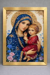 Tablou Maica Domnului cu Pruncul Iisus Hristos cu Pietricele 40x30cm - Gold