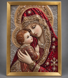 Tablou Maica Domnului cu Pruncul Iisus Hristos cu Pietricele 40x30cm - Gold