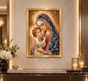 Tablou Maica Domnului cu Pruncul Iisus Hristos cu Pietricele 60x40cm - Gold - Img 2