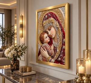 Tablou Maica Domnului cu Pruncul Iisus Hristos cu Pietricele 60x40cm - Gold - Img 3