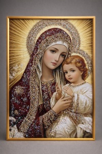 Tablou Maica Domnului cu Pruncul Iisus Hristos cu Pietricele 70x50cm - Gold
